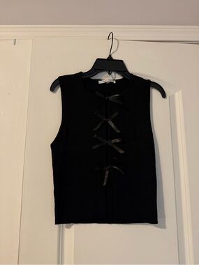 Kensie Black Sleeveless Ribbon-Tie Knit Tank